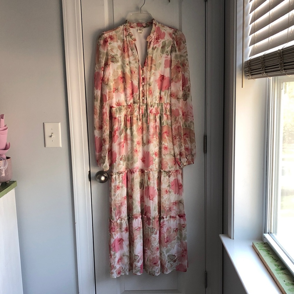 Sheer Pink Floral Tiered Maxi Dress with Long Sleeves